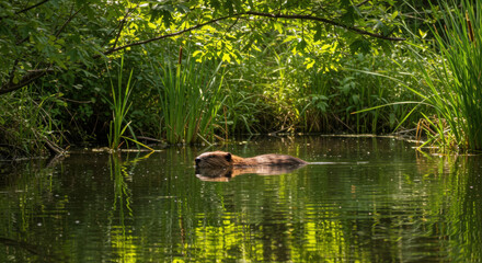 Obraz premium A Detailed Photo Of A Furry Beaver Swimming In A Tranquil Wetland Setting