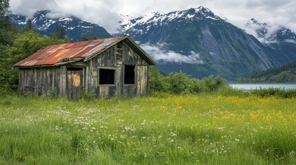 Obraz premium A weathered cabin surrounded by lush grass and mountains under a cloudy sky.