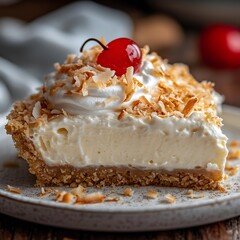 Coconut Cream Pie Delight: A single slice of coconut cream pie, exquisitely garnished with toasted coconut flakes and a vibrant maraschino cherry, presented on a rustic plate.