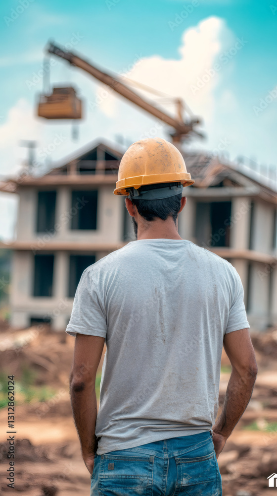 Poster construction worker wearing hardhat inspecting building under construction with crane lifting materi