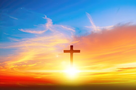 Cross at beautiful sunset, christianity and religion concept