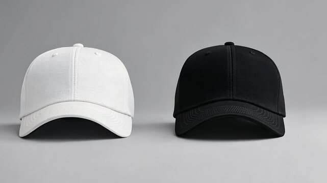 Two blank baseball caps, white and black, studio shot, ready for design mock-up