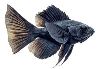 Black fish displaying vibrant fins swimming gracefully in an aquarium setting