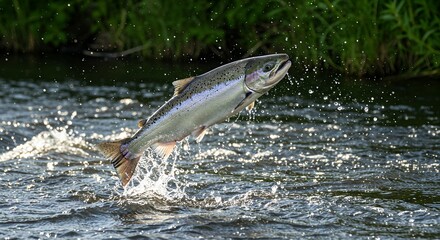 Fototapeta premium Fish Jumping from River Water in Sunlight with Green Bank