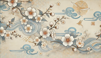 和風アート – 桜と青い波模様の調和
