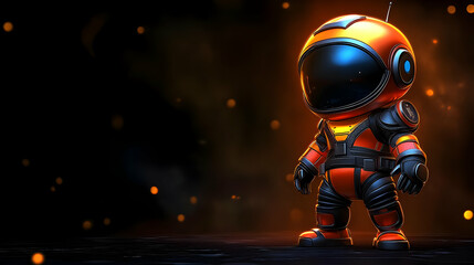 Fototapeta premium Cute Orange and Black Robot Astronaut in Dark Space