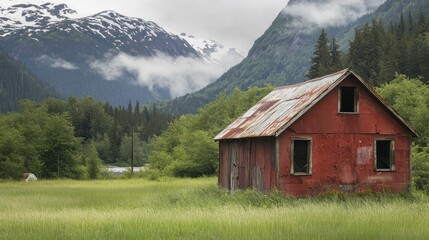 A weathered red barn stands amidst lush greenery and mountains under a cloudy sky.