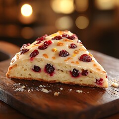 Cranberry Delight: A single, delectable slice of a cranberry scone sits on a wooden cutting board, drizzled with a sweet glaze and bursting with vibrant red cranberries, inviting indulgence.