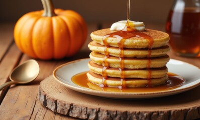 Fluffy pancakes with syrup drizzle