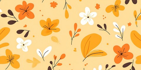 Seamless pattern with orange and white flowers on a pale yellow background