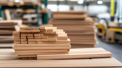 Obraz premium Stacked Wooden Planks on Workbench in Bright Workshop Environment with Blurry Background of Lumber Piles