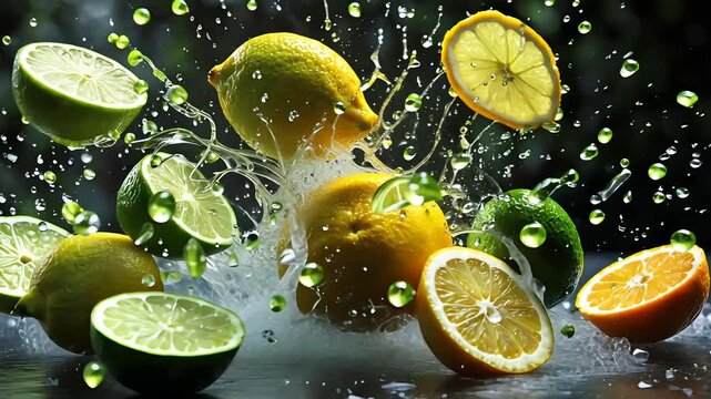 Fresh citrus fruits including lemons and limes splashing in water with high-speed motion

