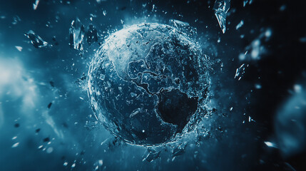 Surreal broken glass planet Earth with cinematic lighting, volumetric light, and space debris, high resolution epic digital illustration