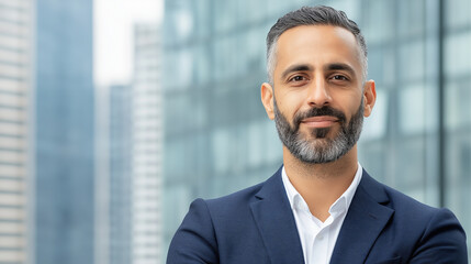 Fototapeta premium Confident businessman standing with crossed arms, smiling near contemporary glass skyscrapers, embodying professional achievement and corporate leadership