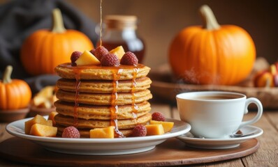 Delicious pumpkin pancakes with syrup