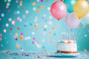 A birthday background with balloons and a cake on the right side, a light blue color scheme, a birthday vibe, confetti flying around, vibrant colors, bright lighting a blurred background Generative AI