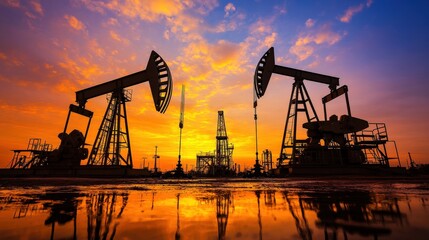 Silhouetted oil pumps against a vibrant sunset, reflecting on water, showcasing industrial activity