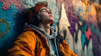 Obraz premium A relaxed young person enjoys music against a colorful wall