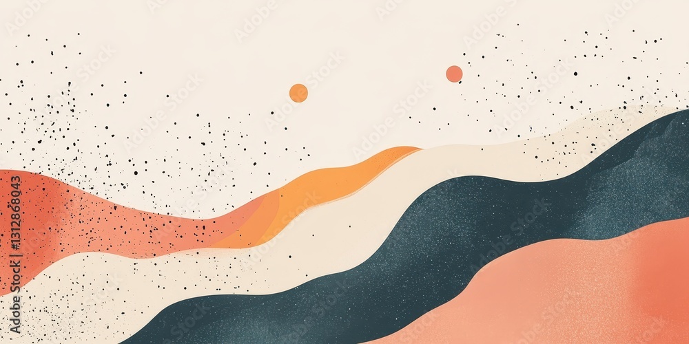 Poster abstract artistic colorful image featuring layered rolling hills and circles