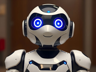 A friendly AI robot character with expressive digital eyes and a sleek white-and-blue design