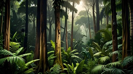 Naklejka premium illustration of a tropical forest with various trees and wildlife