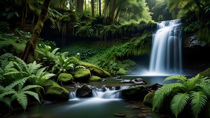 Fototapeta premium illustration of a waterfall in a forest with surrounding greenery