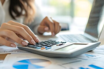 Woman using calculator, financial analysis