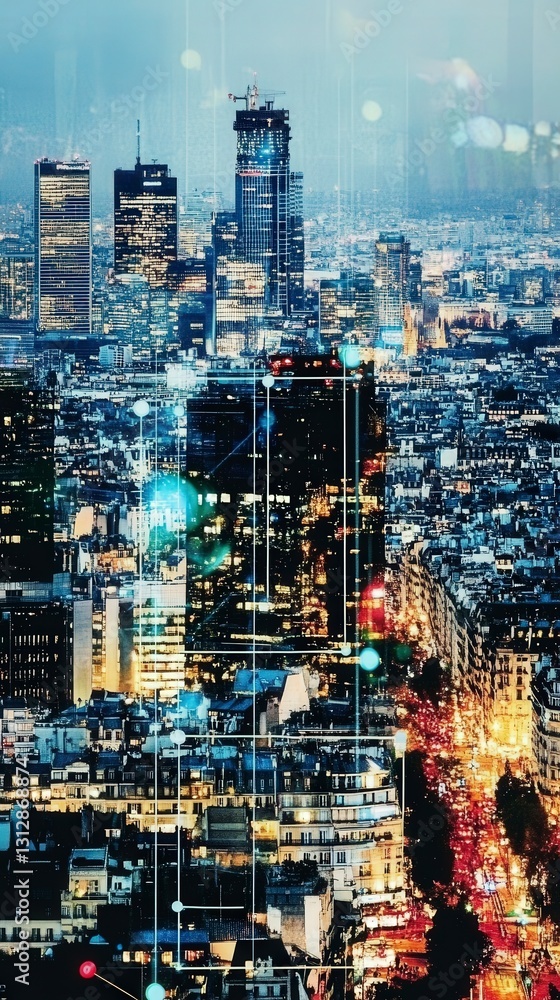 Poster metropolitan area sparkling with high-tech grids.