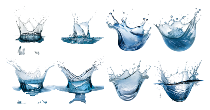 Collection of Water Splash Effects on a Dark Background, Bundle Set Collection, Isolated on Transparent Background