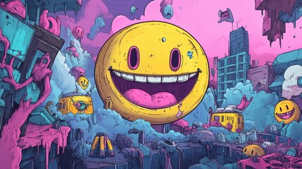 Obraz premium A giant smiling face dominates a whimsical colorful dreamscape world