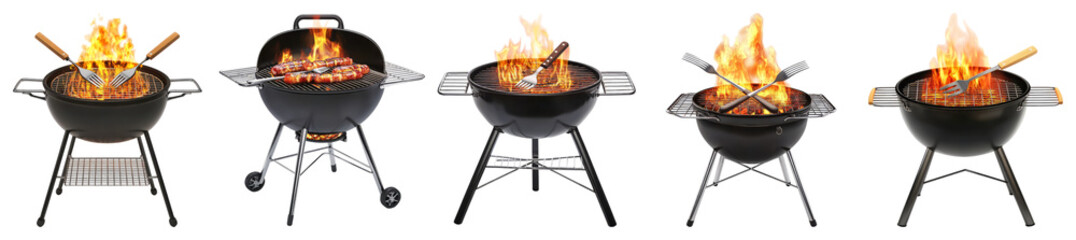 Vibrant BBQ Cookout with Grilling Equipment and Flames in Action, PNG bundle collection, Isolated on Transparent Background