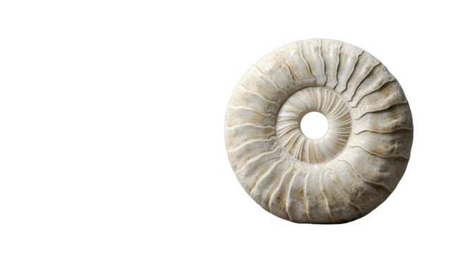 Ammonite fossil showing spiral shell structure on transparent background