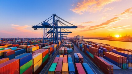 Industrial shipping cranes and container port during beautiful sunset