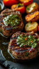 Grilled Lamb Chops with Chimichurri: Delicious grilled lamb chops topped with vibrant green chimichurri sauce, alongside roasted baby potatoes and tomatoes. A feast for the eyes and the palate.