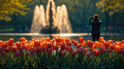 Person captures vibrant tulip bed by park fountain in warm sunlight