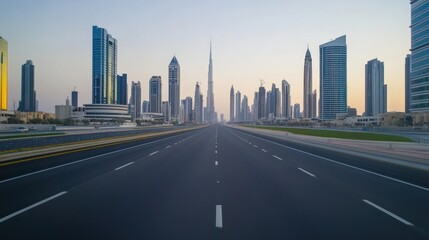 Fototapeta premium A wide view of a modern city skyline with a prominent skyscraper at dawn.