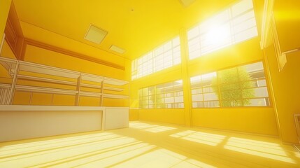 Sunny Yellow Room with Shelves and Large Windows