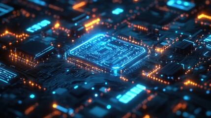 Fototapeta premium Glowing AI-powered Circuit Board with Energy Waves