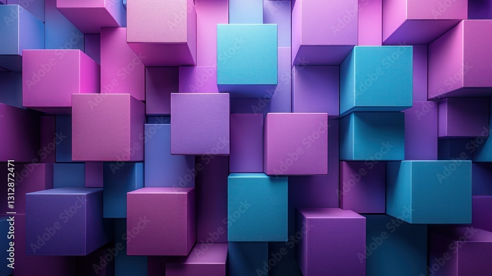 Poster stacked cubes in teal and purple create abstract colorful background