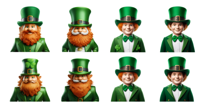 Cheerful Leprechaun Characters in Green Attire and Hat Collection, Bundle Set Collection, Isolated on Transparent Background