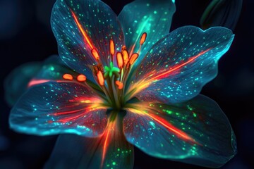 A hyper detailed macro shot of a neon flower with streaks of red and green bioluminescence on its petals