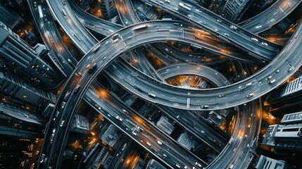 Aerial view of a complex highway interchange illuminated at night.