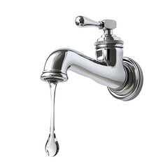 Chrome faucet dripping water isolated on transparent background