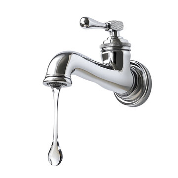 Chrome faucet dripping water isolated on transparent background