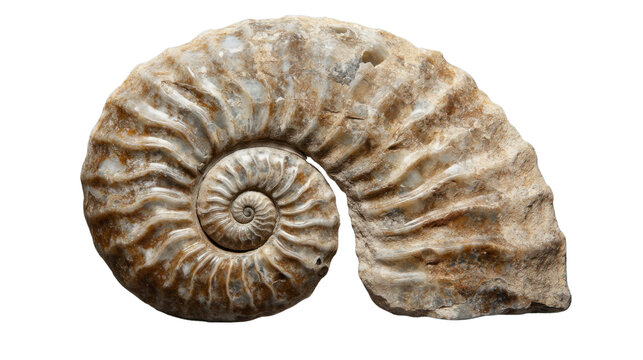 Ammonite fossil showing spiral shell structure on transparent background