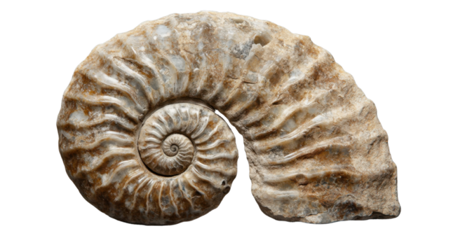 Ammonite fossil showing spiral shell structure on transparent background