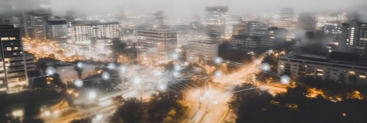 Blurred, foggy cityscape with glowing network nodes.