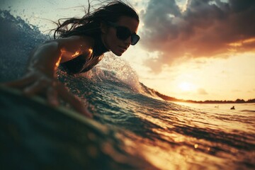 The silhouette of a woman surfing is set against the stunning backdrop of a sunset over the ocean, complete with beautiful clouds and warm, vivid hues