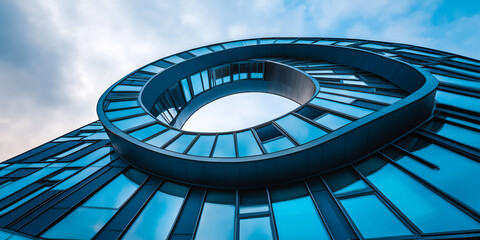 modern glass building, blue sky background, spiral-shaped buildings,