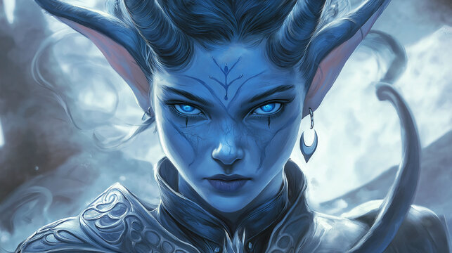 Cute female tiefling with shimmering blue skin, silver horns, and elegant blue attire, exuding a magical and enchanting fantasy vibe
